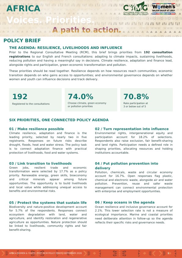 Première page de la note de politique post-RCM des femmes et des jeunes d’Afrique, avec les résultats des consultations et six priorités politiques